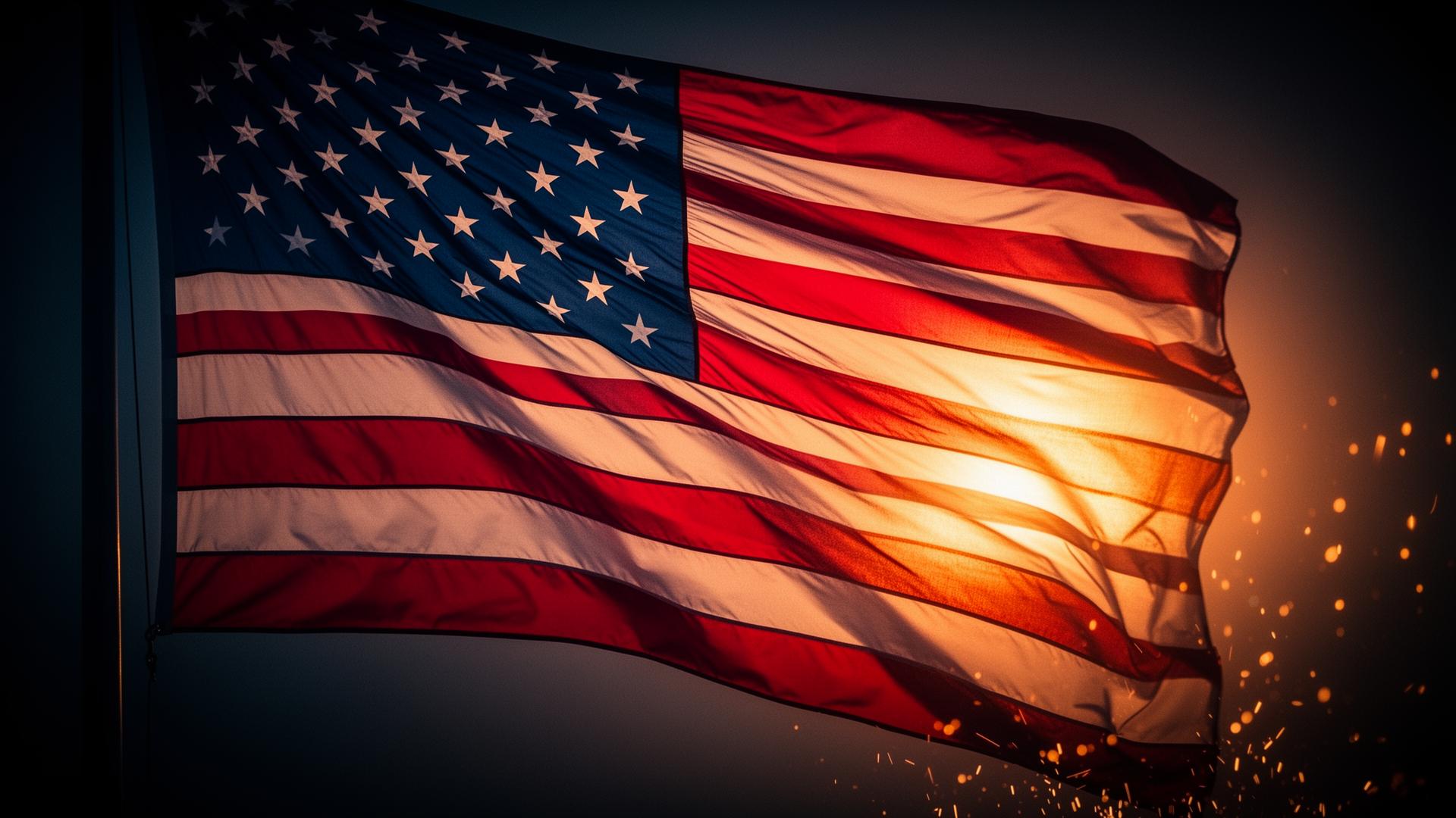 American flag waving in dramatic light